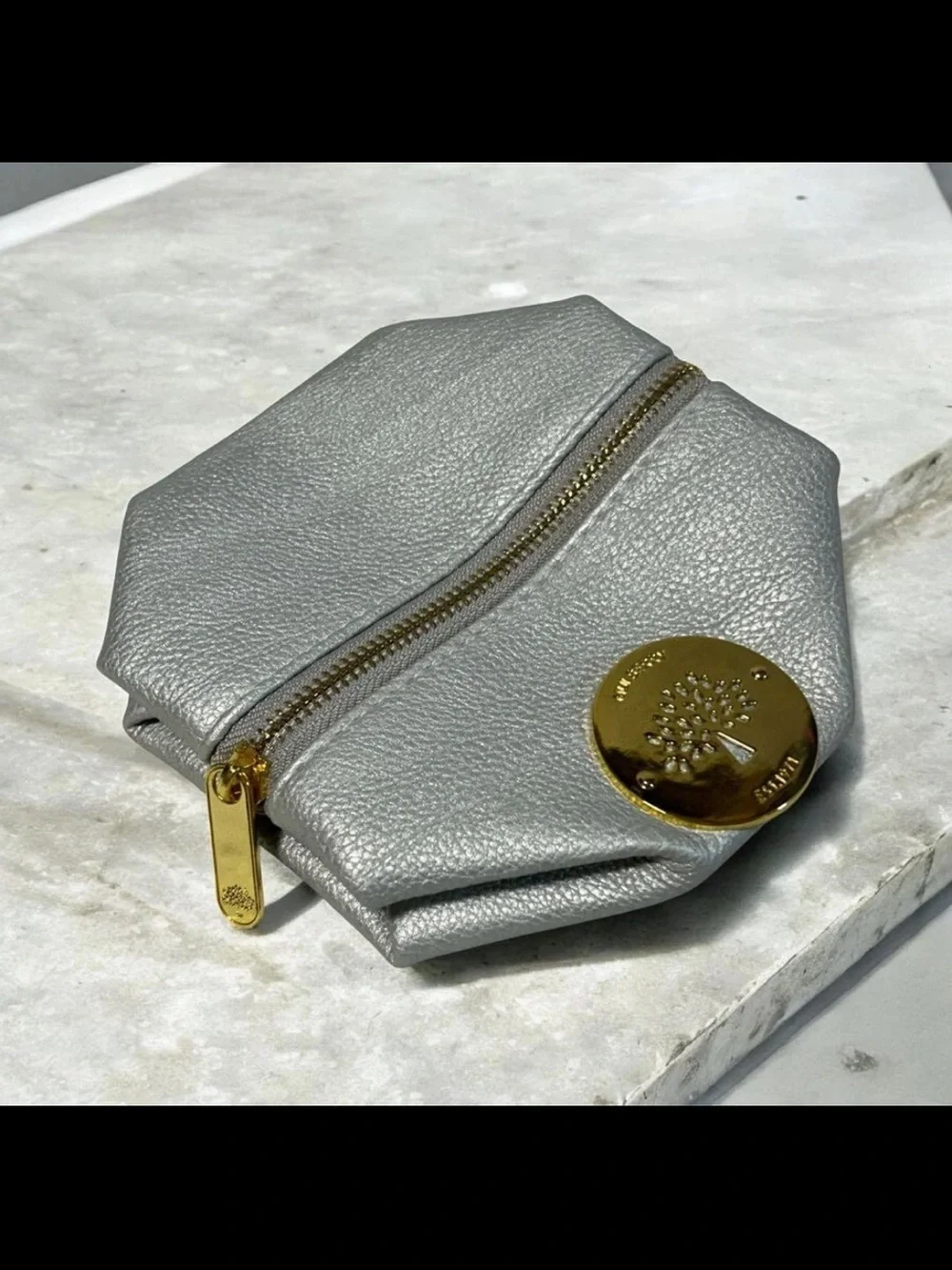 Mulberry Silver Leather Cosmetic Pouch with Gold Hardware